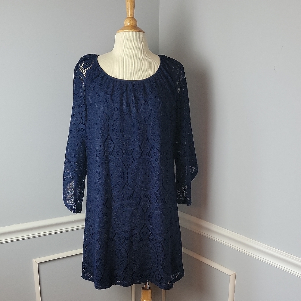 TACERA Navy Blue Lace Scoop Neck‎ 3/4 Sleeve Wedding Party Evening Slip Dress L